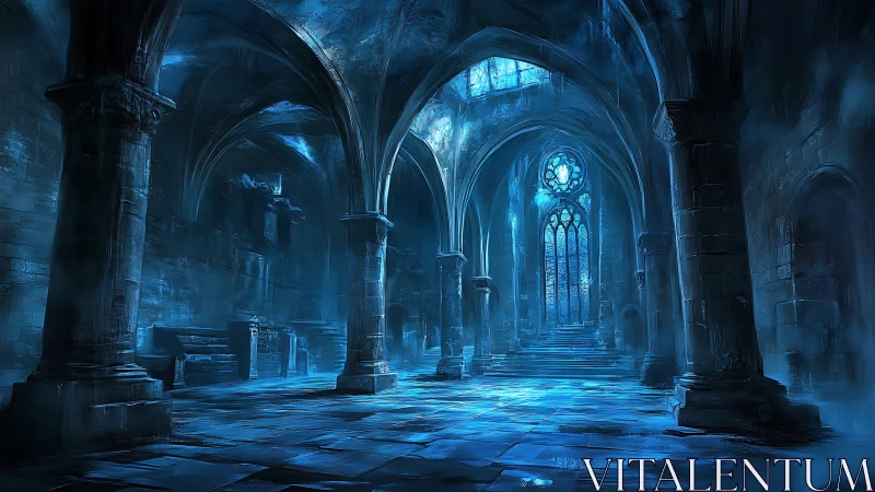 Interior shows vaulted stone hall with blue atmospheric lighting