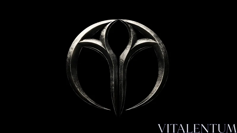 Metallic circular sigil with carved crescent divisions on black.