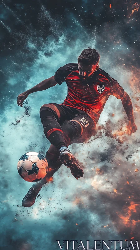 Dynamic soccer striker executing midair volley in fiery clouds
