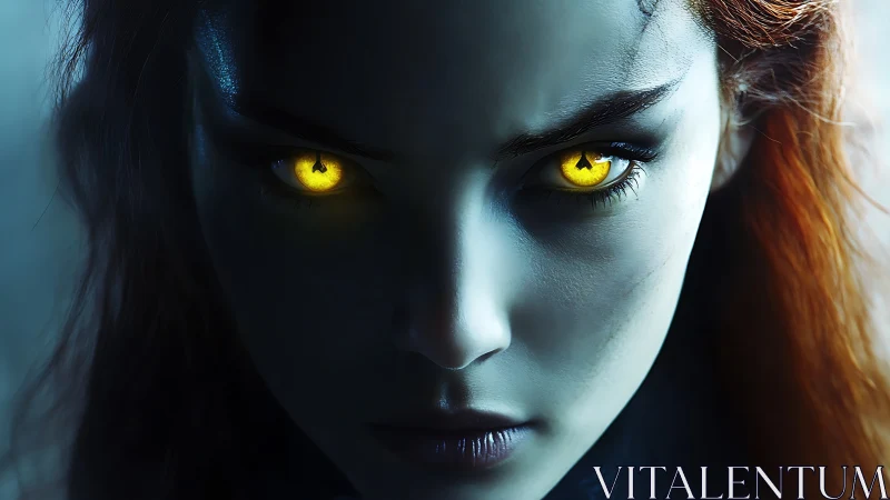 Midnight sorceress with blazing golden eyes in icy shadow.