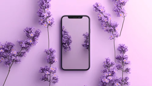 Modern smartphone with lilac flowers on pastel background, minimal style.
