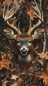 Whitetail buck head emerging from dense autumn leaves.