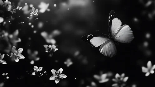 Monochrome butterfly glides through luminous spring blossoms.