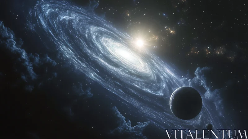 Soft spiraling galaxy glow with quiet planets in orbit.