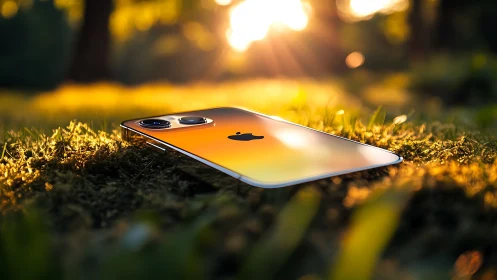 Smartphone macro on moss with golden hour optical flare.