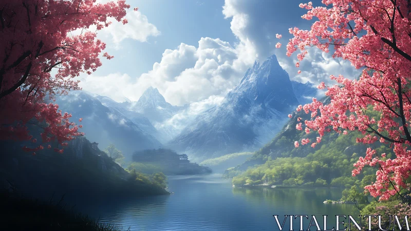 Glacial valley lake framed by saturated cherry blossoms.