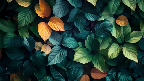 Mixed green and orange foliage forms a dense overlapping layer