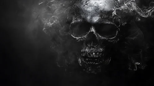 Metallic human skull emerging from dark swirling smoke.