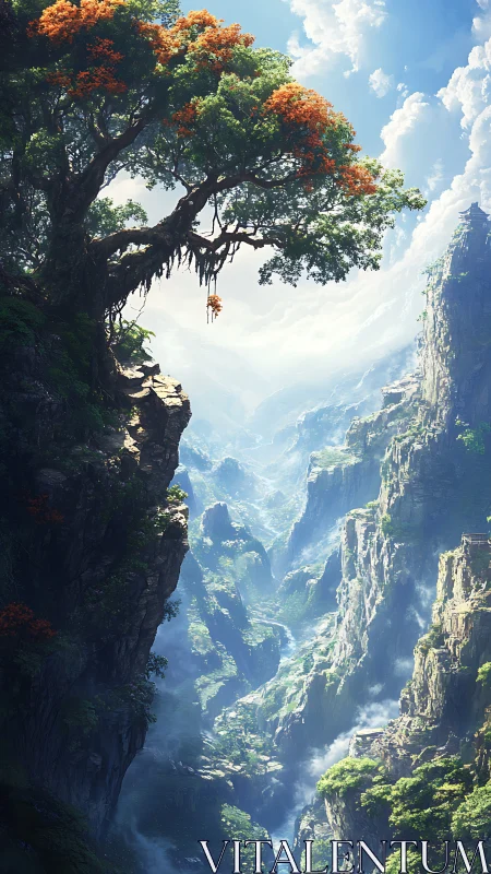 Majestic cliffside tree above mist-carved mountain valley.
