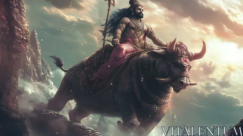 Divine warrior on armored bull charging through storm clouds.