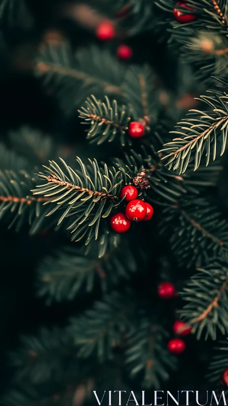 Evergreen needles with red berries rendered in shallow focus