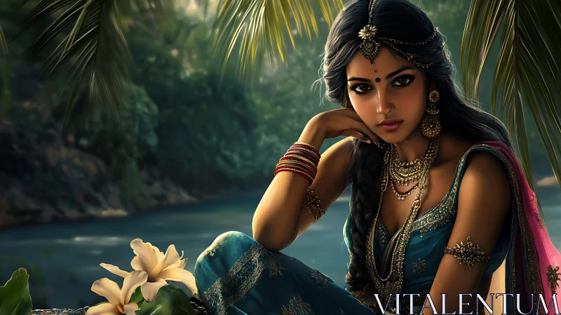 Digital portrait renders ornate woman in riverbank dusk light