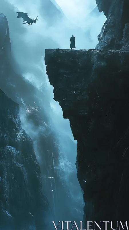 Lone traveler meets a soaring dragon above misty cliffs.