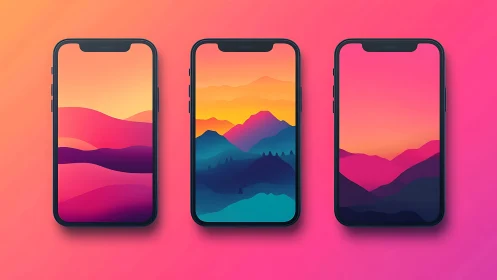Colorful smartphone screens with gradient landscape art.