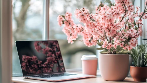 Laptop daydreams beneath a froth of soft cherry blooms.