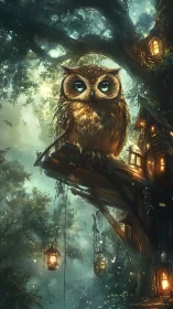 Owl on branch beside illuminated wooden tree dwellings.