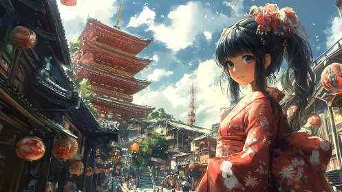 Young kimono wearer in lantern street with pagoda backdrop.