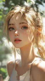 Sunlit blonde girl gazes softly through dappled garden light.
