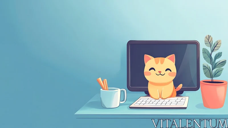 Cartoon cat sits on keyboard in front of computer monitor