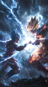Energy clash between two opposing anime warriors in storm.