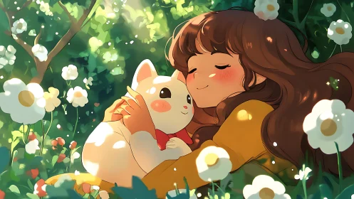 Anime girl hugging white cat in sunlit flower meadow.