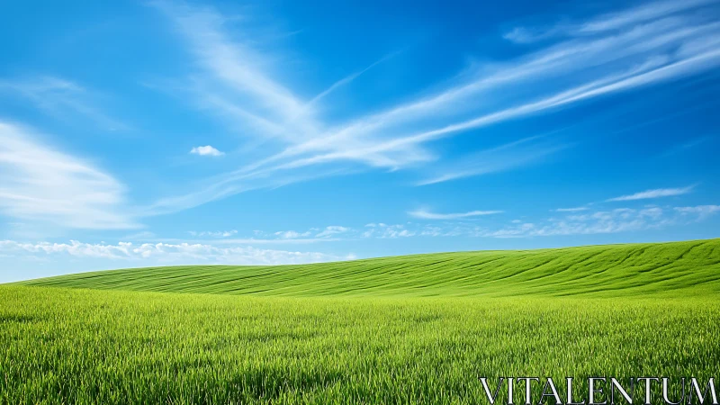 Green rolling field beneath blue sky with thin clouds.