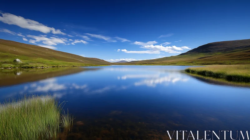 Wide-angle lake captures symmetrical hills and sky reflection