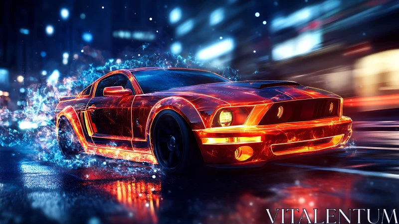 Ignited muscle car in neon urban night with energy trail
