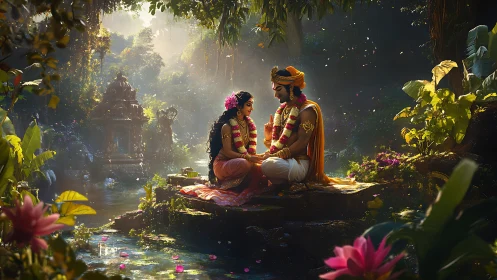 Divine couple share quiet devotion in lush jungle sanctuary