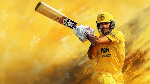 Cricketer in yellow kit executing front-foot batting stroke.