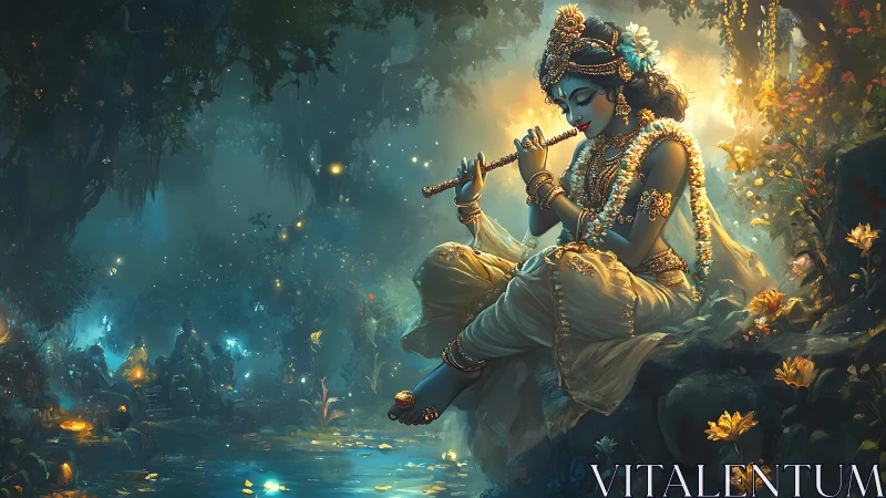 Divine blue-hued flutist in luminous forest nightscape