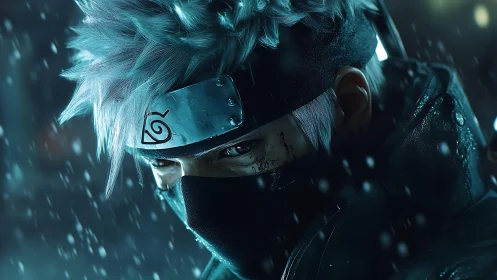 Snow-drenched masked shinobi in high-fidelity portrait render.