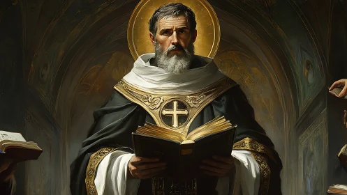 Bearded cleric holds illuminated book before arched backdrop