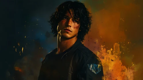 Battle-worn young soldier turns amid burning abstract haze