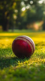 Cricket ball rests on sunlit grass in warm evening glow.