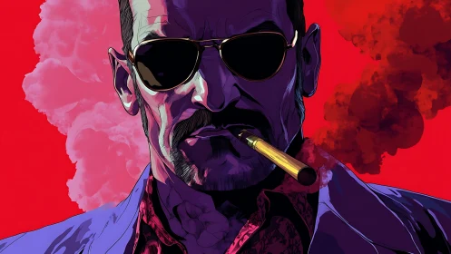 Chromatic antihero portrait with vapor plume and gold cigar.