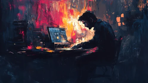 Silhouetted man works at laptop amid abstract neon light