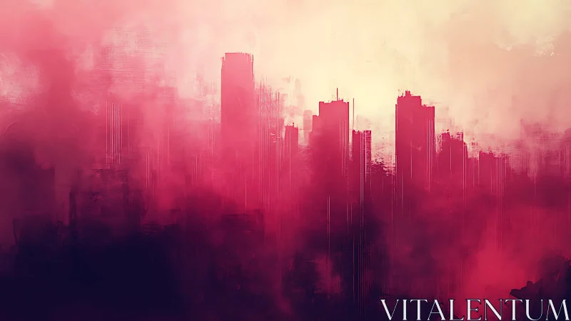 Abstract city skyline rendered in diffuse red atmospheric haze.