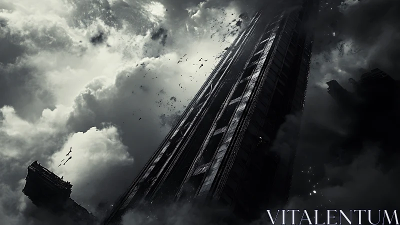 Collapsing skyscraper against storm clouds in dark sky.