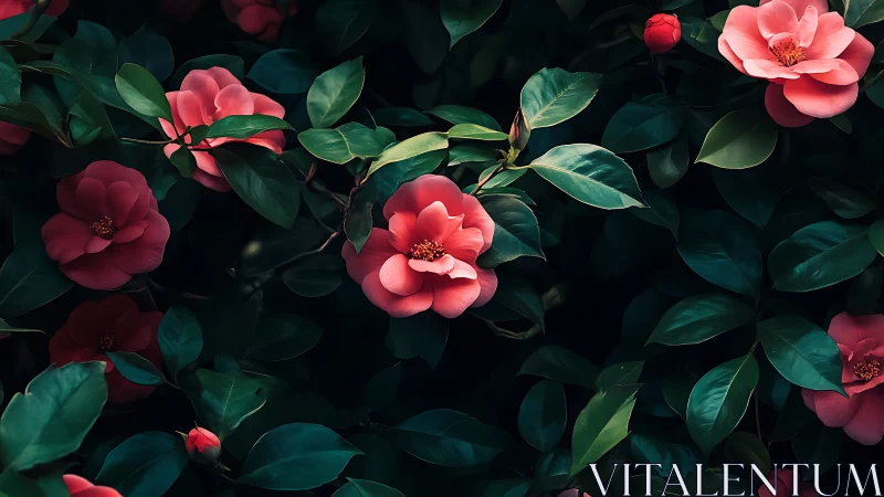 Dark garden camellias glow against deep green foliage