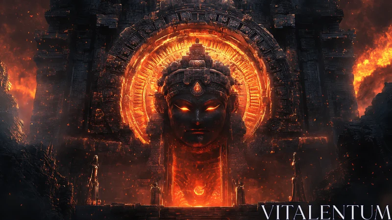 Fiery stone deity looms over an ancient infernal gateway.