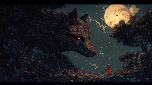 Digital painting of giant wolf and cloaked girl under moonlit sky.