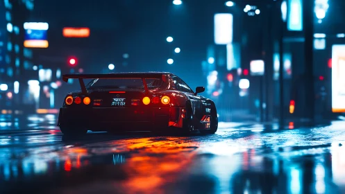 Street racer taillights glow through neon rain at midnight