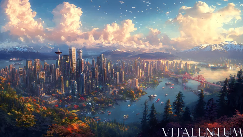 Sunlit coastal megacity framed by mountains and autumn forest