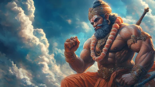 Mythic warrior deity seated amid dramatic sunlit clouds