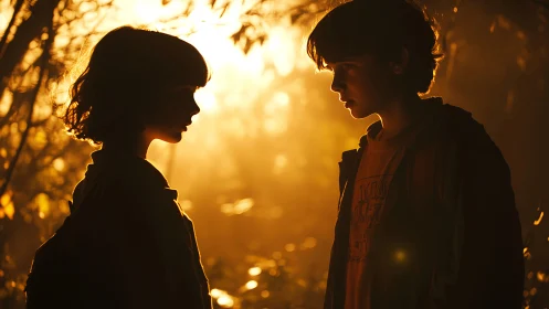 Silhouetted children facing each other in warm backlight.