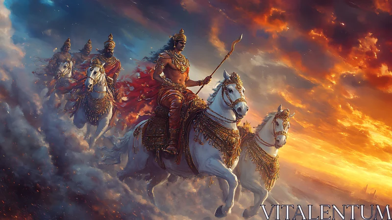 Sunfire war chariots race across a storm-lit divine sky.