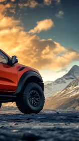 Bold orange off-road truck greets a glowing mountain sunset