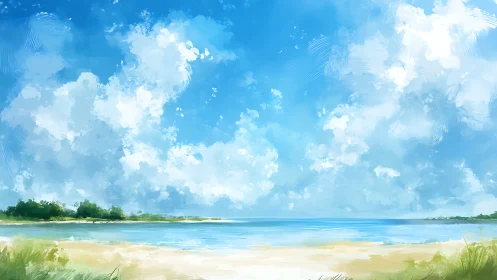 Sunlit shoreline under expansive painterly summer sky.