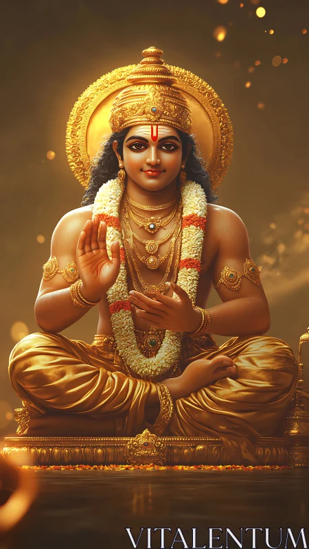 Golden seated Hindu deity statue with blessing gesture.